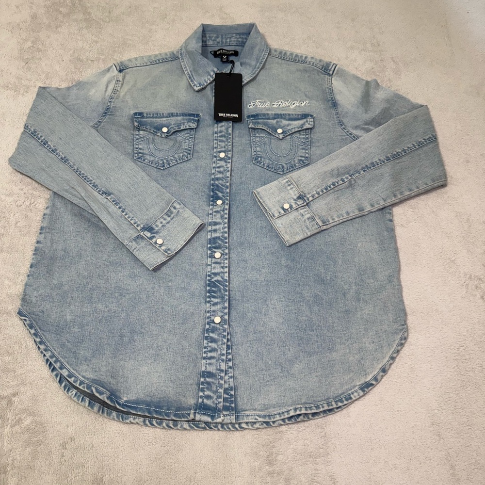 True Religion‎ Denim Shirt Womens Medium Blue Pearl Snap Long Sleeve Western New